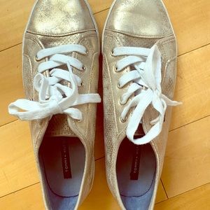 “Tommy Hilfiger” metallic gold sneakers size 10.
